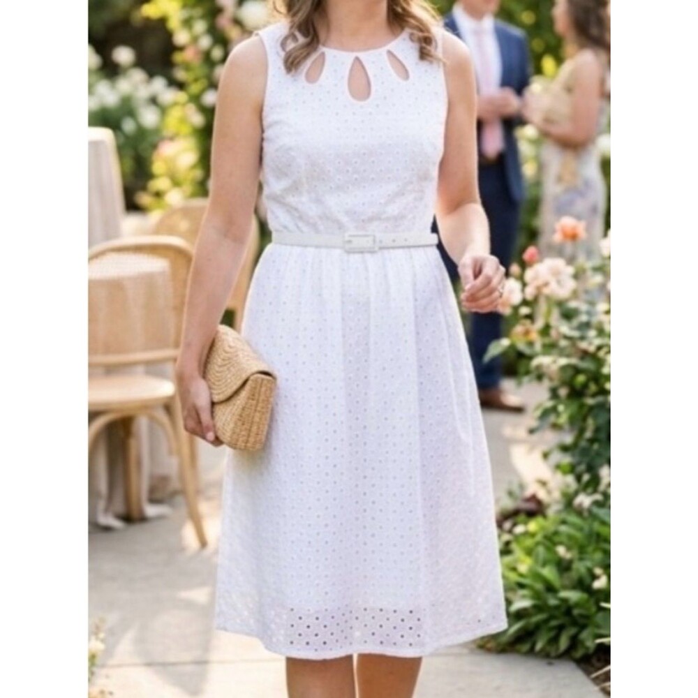 Vintage Signature by Sangria Elegant White Eyelet Midi Dress w Cutout Neckline